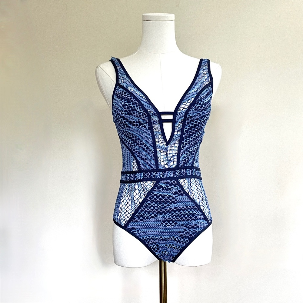 Becca Reveal Crochet One Piece Swimsuit XS Monokini Resort Beach Pool Party